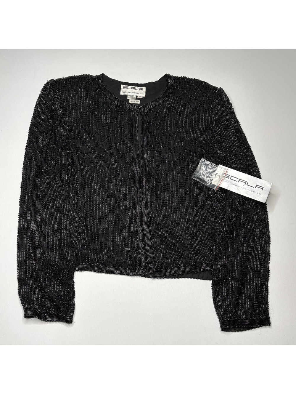 Scala Vintage 100% Silk Beaded Black Cardigan Sweater S